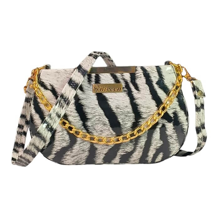 Women White color sling bag purse golden chain animal print