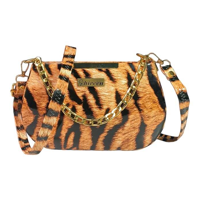Women yellow sling bag purse golden chain animal print