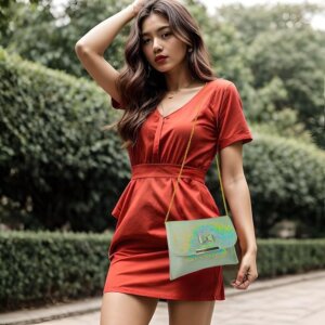 shireen women sling bag golden chain clutch with women model red dress